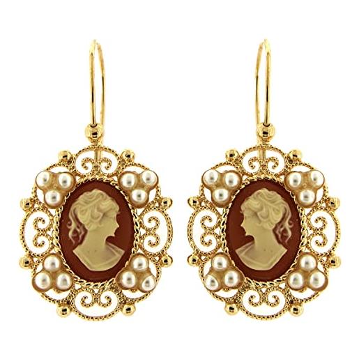 Mokilu' - gioielli - orecchini vintage - donna - ottone dorato 24kt - cammeo e perle
