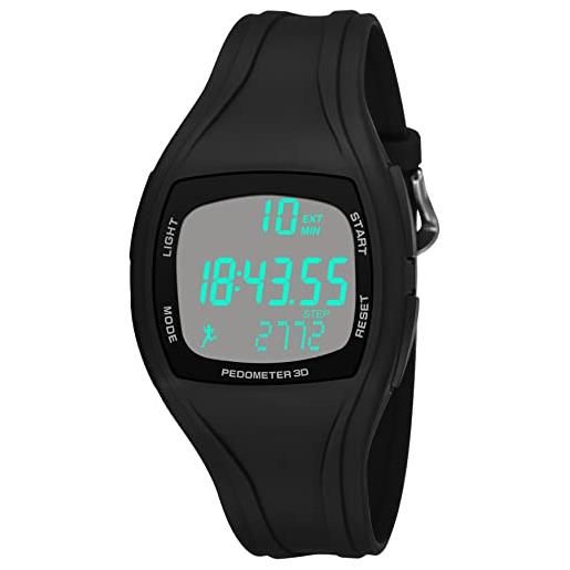 findtime fssnk91wy05 - orologio digitale digitale con contapassi, orologio sportivo da polso da uomo e da donna, con cronometro da 50 m, impermeabile, nero , cinghie
