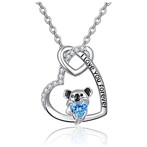 TANGPOET collana koala in argento sterling con ciondolo a forma di animale con ciondolo a forma orso con doppio cuore abbraccio blu mare collana d'amore gioielli