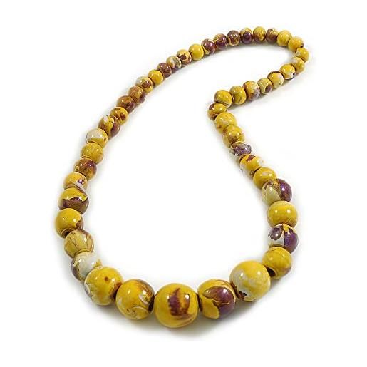 Avalaya collana con perline lucide in legno graduato, in tonalità di giallo/viola/bianco, lunga 66 cm, misura unica, legno