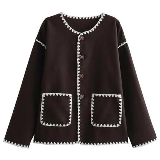 Lazutom giacche casual da donna in misto lana girocollo con bottoni invernali caldo soprabito top, marrone, l