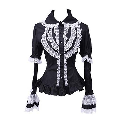 an*tai*na* camicia tradizionale lolita a maniche lunghe vittoriana in cotone nero con pizzo arricciato, xxl