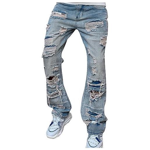 Gefomuofe jeans da uomo, elasticizzati, regolari, strappati, jeans da uomo, slim fit, jeans da uomo, blu chiaro, tubo dritto, da uomo, al ginocchio, rotto, pantaloni da uomo, d blu. , s