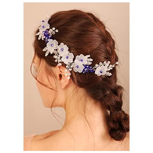 Deniferymakeup fascia per capelli da sposa con fiori e cristalli, colore: blu