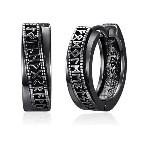 ADMETUS orecchini a cerchio vichinghi, in argento sterling con rune vichinghe, colore nero, per uomo, viking rune huggie hoop, argento, nessuna pietra preziosa