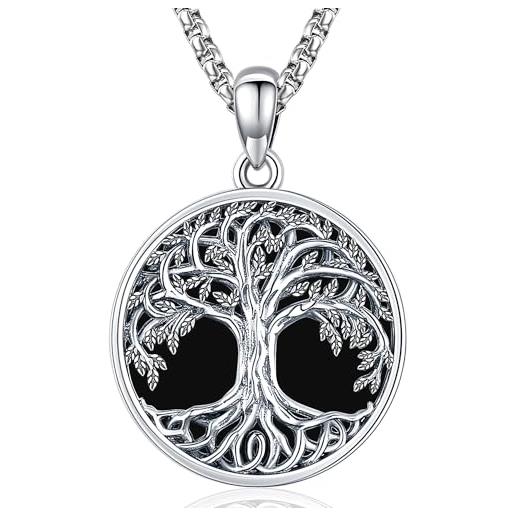 Friggem collana donna argento 925, collana celtica onice, collana albero della vita ciondolo albero della famiglia gioielli regalo per donne ragazze (j-albero della vita)