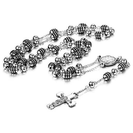 Cupimatch, collana unisex in acciaio inox, inspirata dal rosario della tradizione cristiana e cattolica, con ciondolo a forma di crocifisso e catena con perline, colore: nero e argento