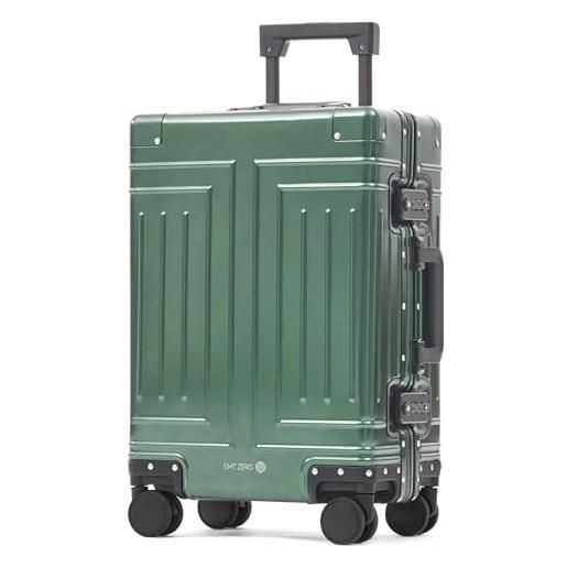 GMT Zero valigia da 50,8 cm, in alluminio, bagaglio a mano, senza cerniera, serratura tsa integrata, bagaglio vintage, borsa per la polvere, etichetta in pelle, adatta per british airways, verde, 