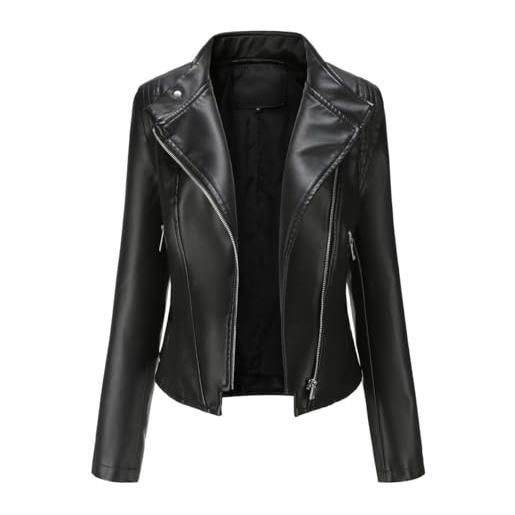 YYNUDA giacca da donna in pelle corta da motociclista, con collo a risvolto, con chiusura lampo, nero , xxl