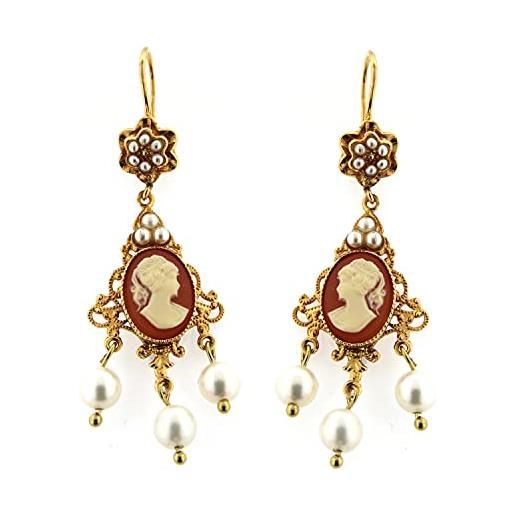 Mokilu' - gioielli - orecchini vintage - donna - ottone dorato 24kt - cammeo e perle