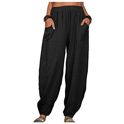OSNCG pantaloni da donna in lino a gamba larga con tasche pantaloni taglie forti pantaloni da donna casa, nero , xxl