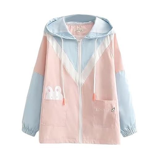 HIMI HIMIFASHION kawaii giacca con cappuccio adolescenti carino coniglietto stampa color block impermeabile trench cappotto allentato zip up felpa con cappuccio top, rosa, l