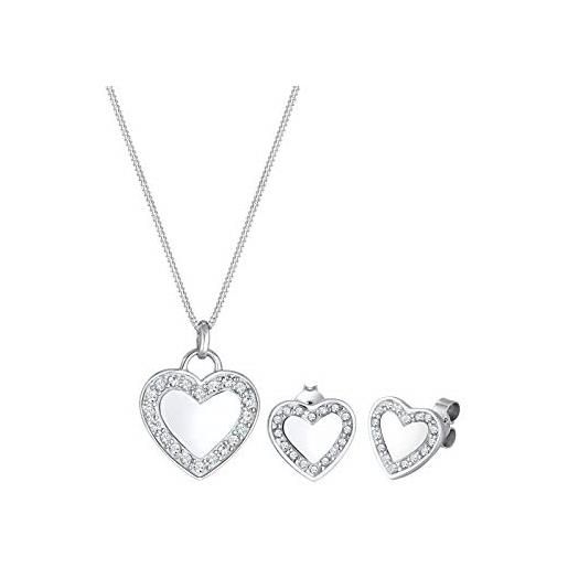Elli - parure da donna con collana e orecchini a forma di cuore in argento 925 con cristalli bianchi taglio brillante