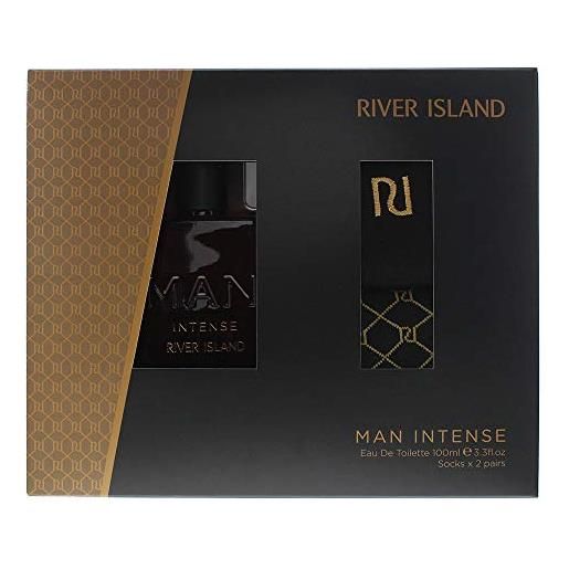 River Island man intense eau de toilette 100ml & 2x socks gift set, stylish black and gold packaging, 430 g
