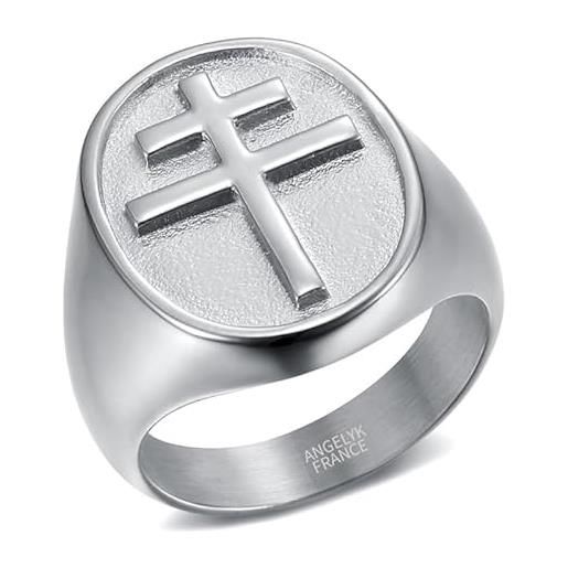 BOBIJOO JEWELRY - anello con sigillo uomo croce di lorena anjou patriarcale acciaio inossidabile argento - 22 (10 us), acciaio inossidabile 316
