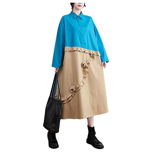 Pulcykp patchwork hit colore camicia abiti donna primavera autunno manica lunga allentato casual vintage dress, blu, taglia unica