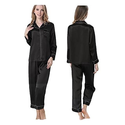 Seres camicia da notte da donna in seta pigiama, camicetta e pantaloni, 9+ colori, 100% seta (principale), , nero , s