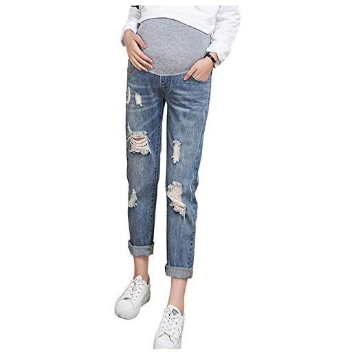 Shaoyao pantaloni premaman, jeans strappati denim pantaloni da gravidanza maternity blu etichetta l/uk 14