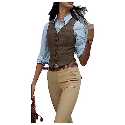 Fjnbbiot gilet da abito da donna gilet estetico con scollo a v marrone gilet elegante in tweed a spina di pesce per gilet da sposa brown s