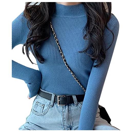 ShapeW donne autunno mock dolcevita maglione a costine maglia manica lunga pullover top unita di base stratificazione sottile jumper, blu, m