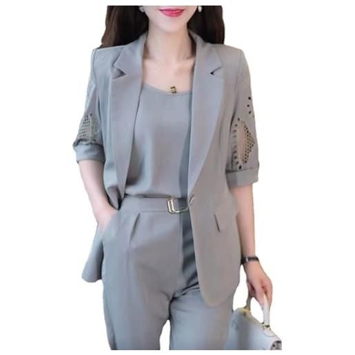 ZPLMIDE completo da donna alla moda e slim blazer 3 pezzi, casual aperto davanti manica corta abito professionale vintage cavo, grigio, xxl