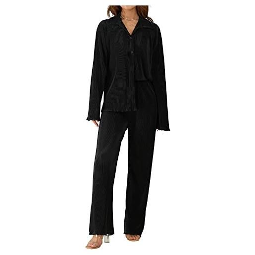 ChouZZ set di biancheria da donna 2 pezzi a maniche lunghe abbottonate camicia a vita alta pantaloni y2k streetwear (nero, m), nero , m