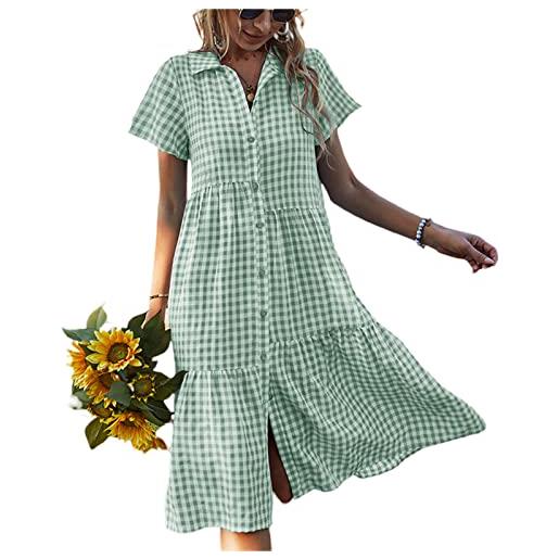 ChouZZ vestito da donna smock plaid midi abiti manica corta gingham v neck button down camicia abito, verde, m
