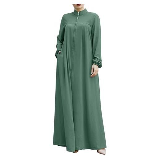 Generic maxi abiti a maniche lunghe per le donne uk casual stand up collar zipper plus size dress 2024 primavera abiti da preghiera per musulmani, verde, xl