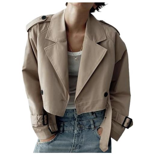 JCMoniDun giacca corta casual da donna, alla moda, a maniche lunghe, doppiopetto, y2k, trench cardigan con cintura, abbigliamento autunnale, cachi, s