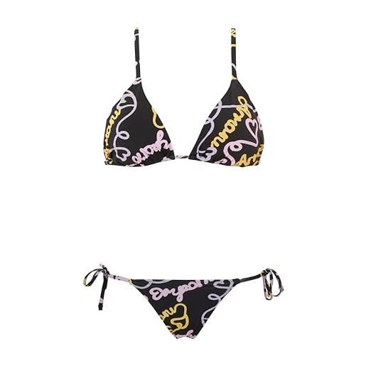 Emporio Armani triangle and string brazilian logomania bikini set, set di bikini donna, multicolore (black-heart logo pr), m