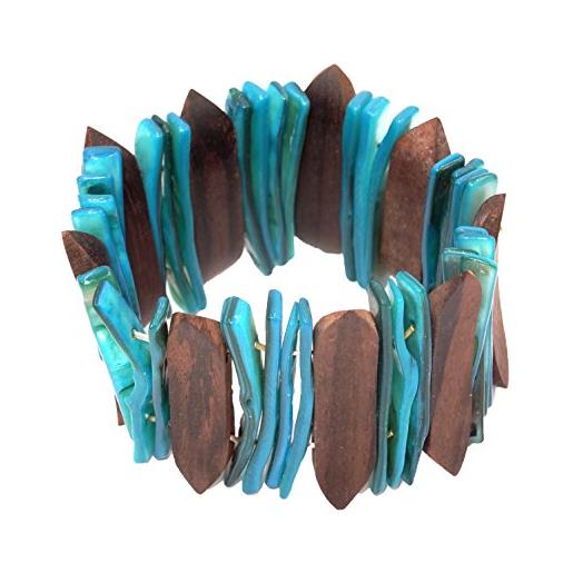 BALI PAPAYA bracciale legno blu turchese gioielli etnico elastico madreperla conchiglia boemia
