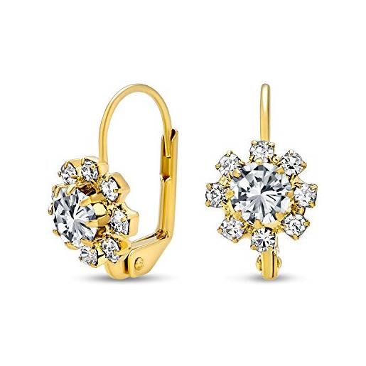 Bling Jewelry orecchini a leva in ottone placcato oro 18 carati con fiore di cristallo chiaro per le donne