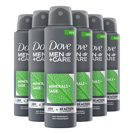 Dove men+care deodorante spray talc feel, con 1/4 di crema idratante, deodorante uomo antitraspirante senza alcol, aiuta a ridurre le irritazioni, fino a 48 ore di protezione, 6 pezzi da 150 ml