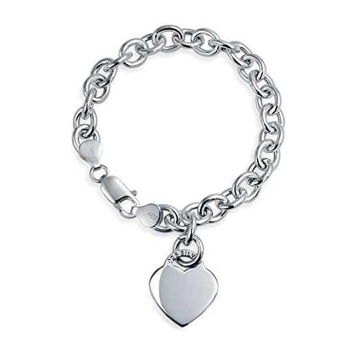 Bling Jewelry personalizzato solido link solido cuore forma tag charm bracciale 7,5 pollici per le donne adolescenti. 925 sterling silver made in italy personalizzabile