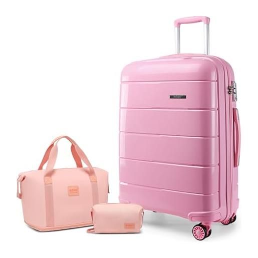 Kono set di 3 valigie da viaggio grandi, con borsa da viaggio e borsa da toeletta, in polipropilene, leggera, con serratura tsa, rosa, 28 inch luggage set, alla moda