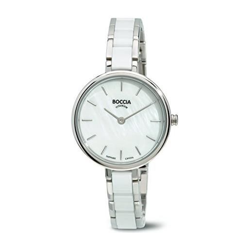 Boccia-orologio da donna al quarzo con quadrante in madreperla, display analogico e braccialetto b 3245-01 in titanio, colore: bianco