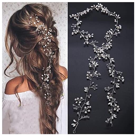 DMQ accessori per capelli da sposa, per donne, per matrimonio, matrimonio, sposa, con perle, per damigella d'onore, fiori, 100 cm, colore: argento