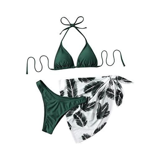 GORGLITTER bikini con gonna da donna, set da 3 pezzi, bikini a triangolo, con allacciatura al collo, costume da bagno bikini con palma, verde, xs