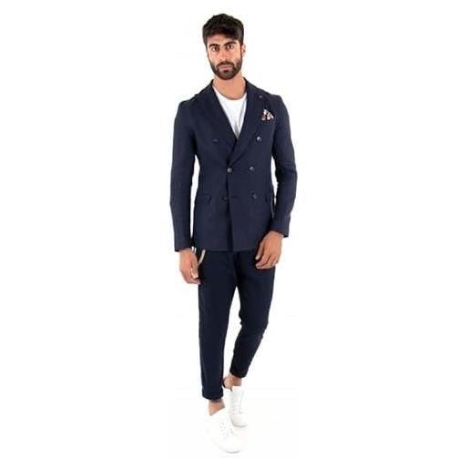 Giosal abito uomo in lino vestito doppiopetto completo giacca pantalone tinta unita elegante (blu-50)