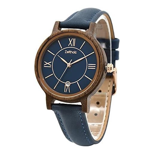 Zeitholz orologio da donna in legno, idea regalo, orologio analogico, collezione rosenbach 36 mm, 100% naturale con movimento al quarzo giapponese (blu), blu, rosenbach. 
