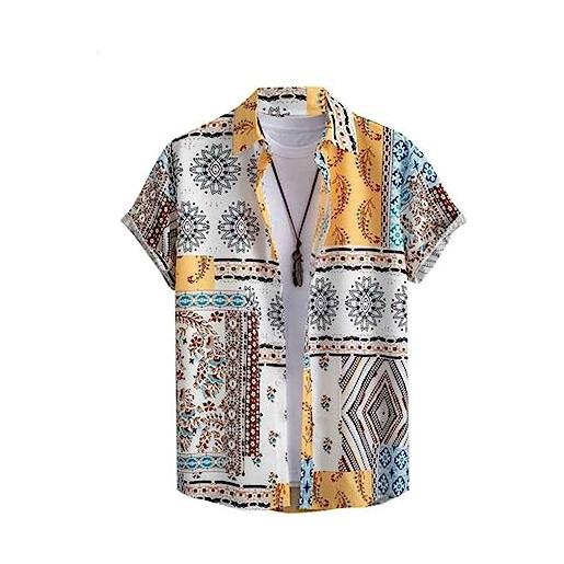 QIUNI camicie a maniche corte per uomo retro stampa floreale motivo geometrico streetwear camicia estate beach vacation tops