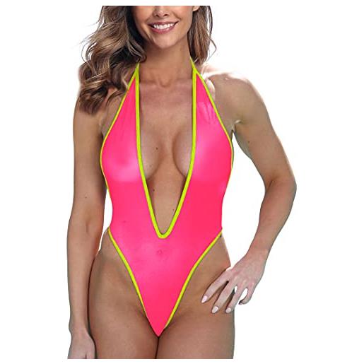 SHERRYLO costume da bagno intero trasparente con perizoma da donna sexy tuffo da vedere attraverso monokini body a taglio alto lingerie a rete , fucsia nero, large-x-large