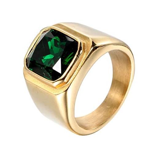 HIJONES anello da uomo in pietra in acciaio inossidabile placcato in oro nero con zirconi quadrati grandi vintage verde misura 22