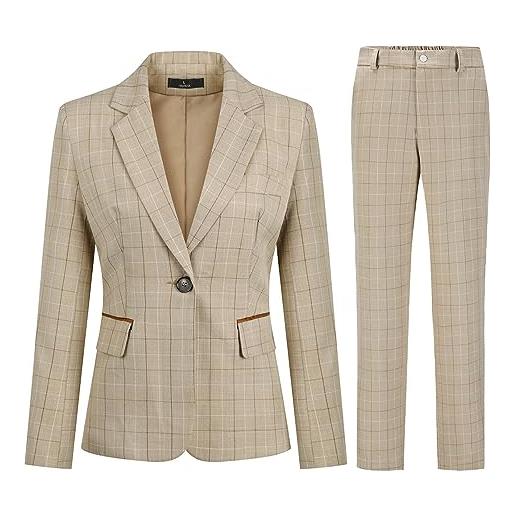 YUNCLOS donne plaid 2 pezzi pantaloni abiti manica lunga intelligente formale ufficio un pulsante blazer e pantaloni, cachi, xl