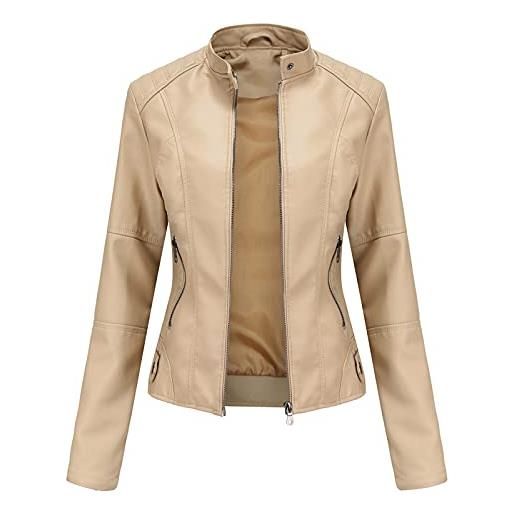 WSLCN - giacca da motociclista da donna, in ecopelle, con cerniera, stile classico, casual, slim fit, beige (round neck), s
