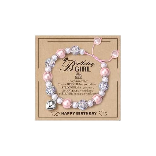 CASSIECA regali di compleanno per ragazze di 3-16 anni, braccialetti con perle rosa e sfere in zirconia cubica, regolabili con ciondoli a forma di cuore, per bambine di 3-16 anni, regali per ragazze