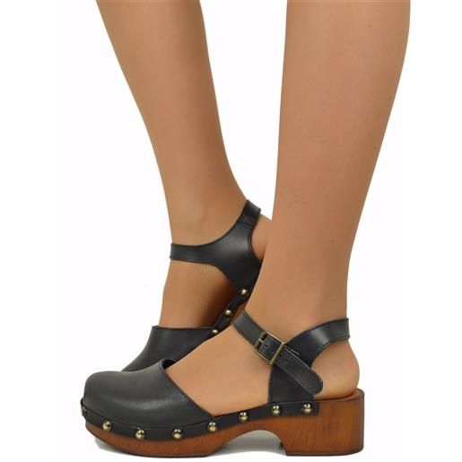 KikkiLine Calzature sandali neri a zoccolo in pelle tacco basso soletta imbottita