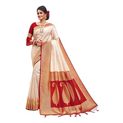 STYLE INSTANT sarees per le donne banarasi art silk l tradizionale indiano matrimonio diwali regalo sari con camicetta non cucita, crema, etichettalia unica