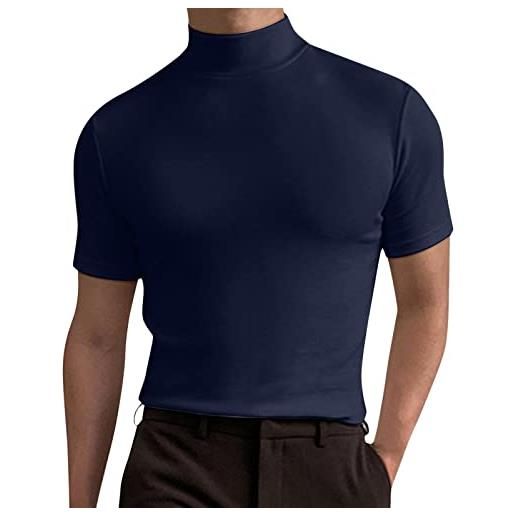 crazynekos mens mock dolcevita maglione manica corta tinta unita t-shirt basic slim fit pullover tees, blu navy, l