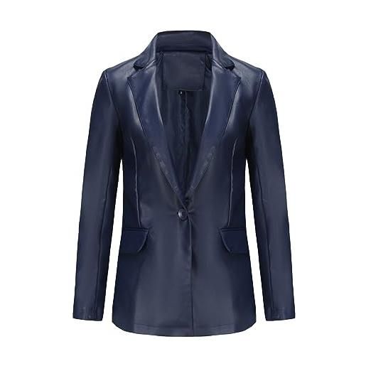 WINDEHAO giacca pelle a maniche lunghe da donna blazer finta pelle con risvolto bottoni cappotto pelle con tasche blazer da motociclista (eu(s), dark blue)